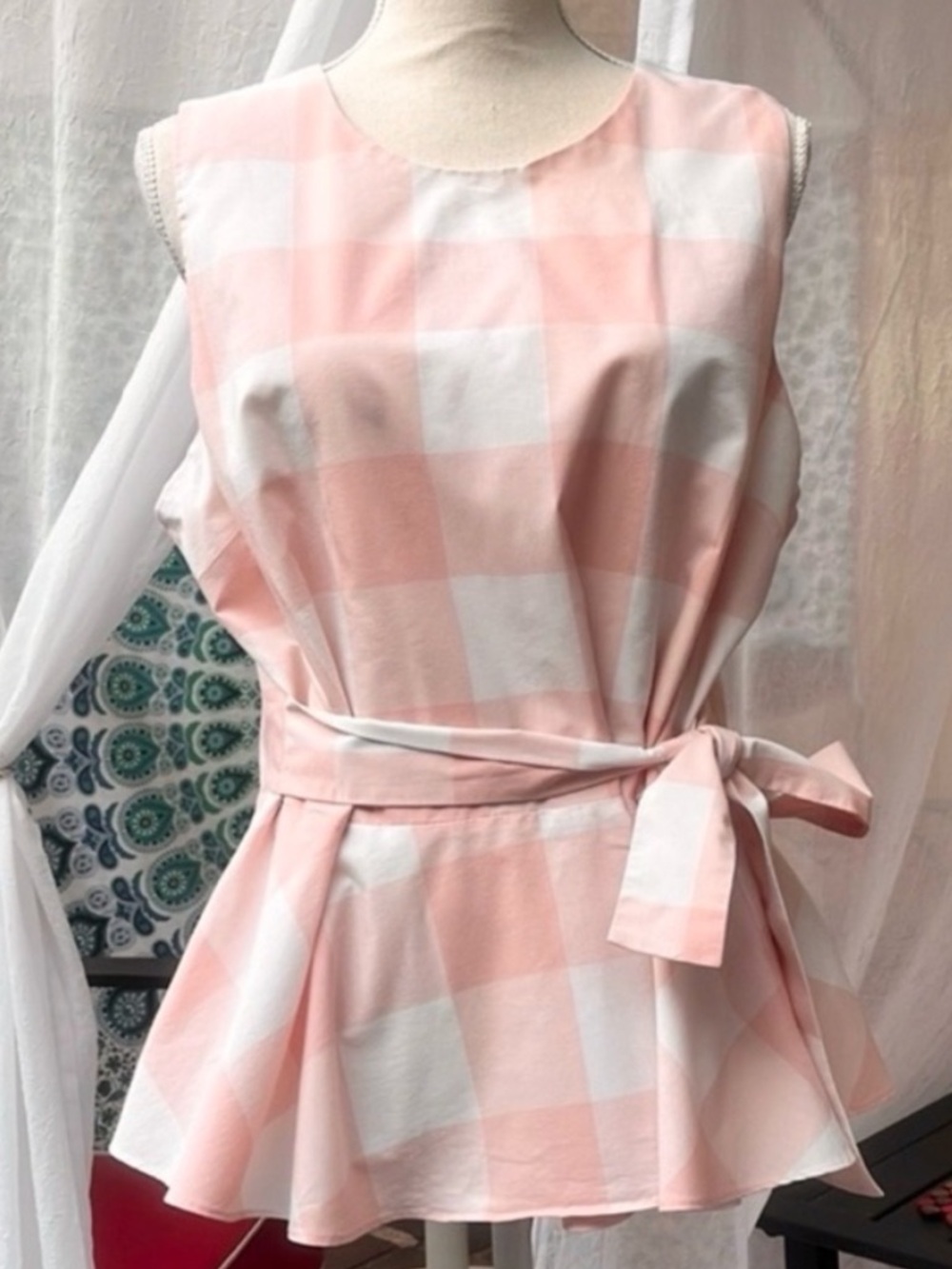 Pastel Pink Jumbo Buffalo Check Gingham Sleeveless Peplum Tank